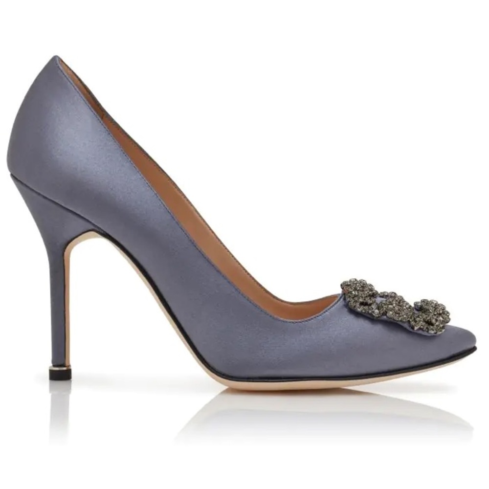 Manolo Blahnik Gray Satin Hangisi Jewel Buckle Heels - Picture 8 of 12